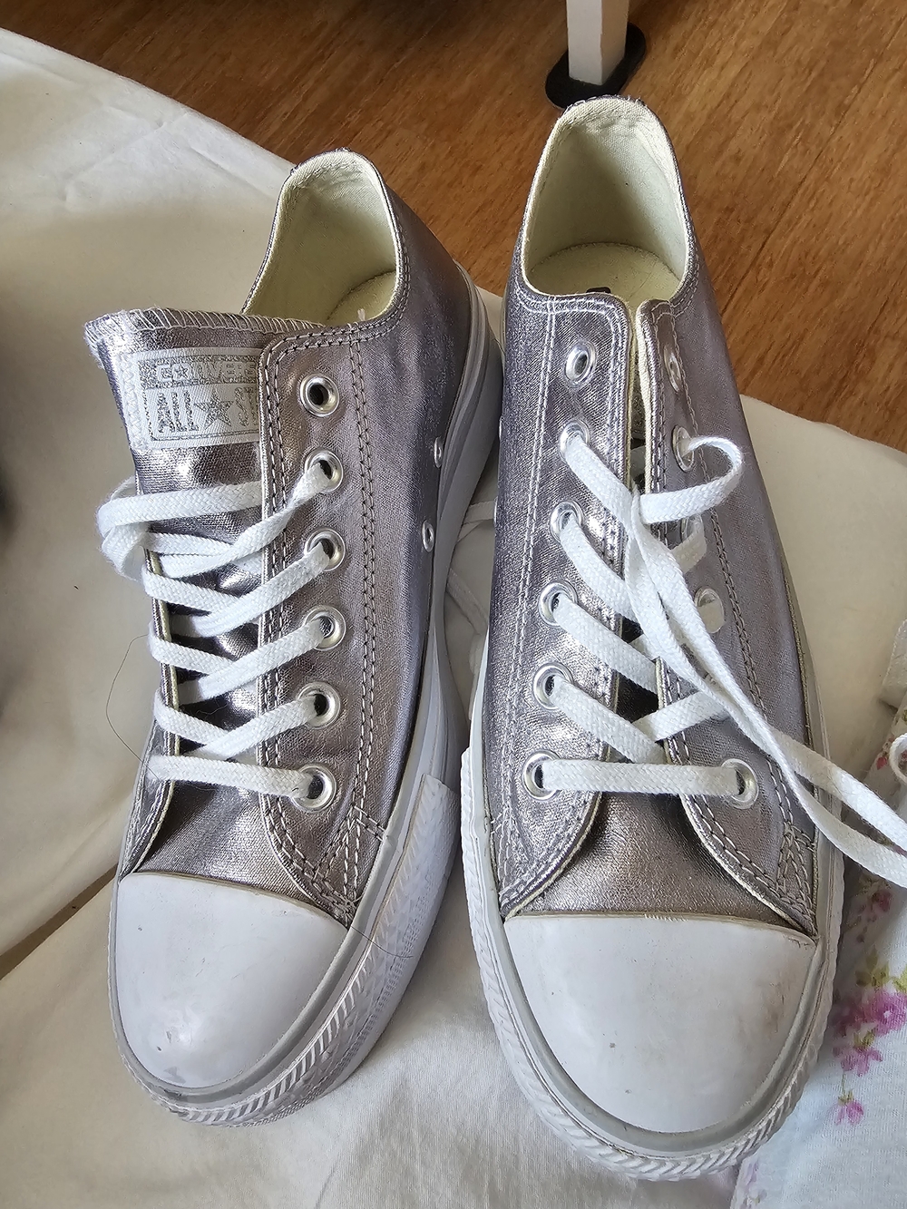 Converse Metallic Silver Low Top Sneakers with White Accents